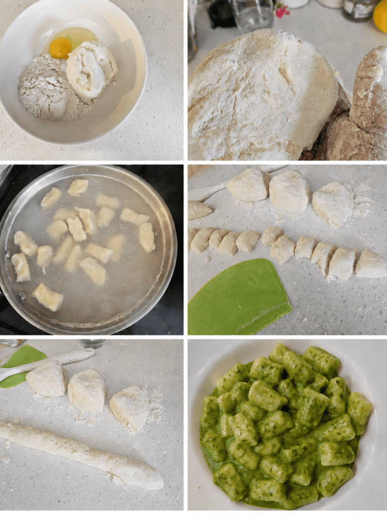 Rolling leftover mashed potato dough into logs and cutting gnocchi.