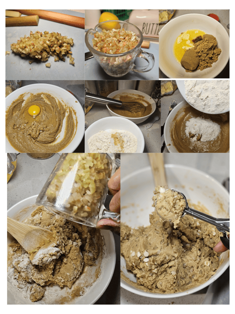 Steps for making rhubarb cookies: creaming butter and sugar, adding the egg, folding in flour and chopped rhubarb, and scooping the dough
