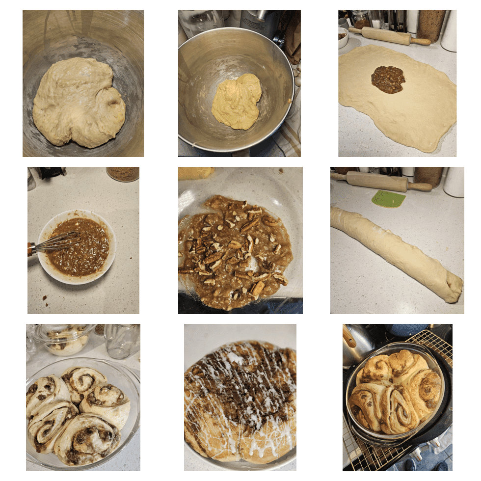 Steps for making sourdough banana cinnamon rolls: mixing the dough, spreading the banana filling and rolling up the log